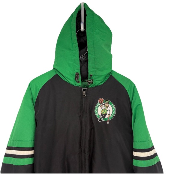 Vintage 90s Embroidered Boston Celtics Hooded Puffer Winter Coat Jacket Men L - Picture 2 of 12